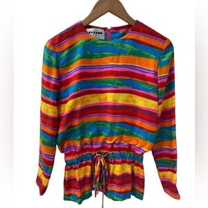 Vintage Nipon Boutique Rainbow 100% Silk Long Sleeve Tie Waist Blouse Size 6